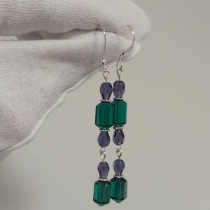 Handmade Antique Green Crystal & Purple Czech Glass Beaded Drop Earrings
